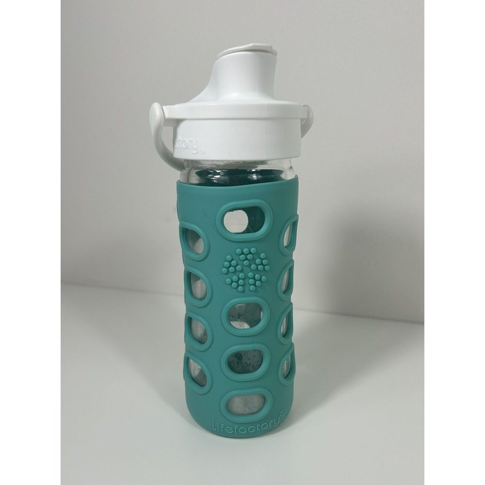 Lifefactory 12-Ounce Active Flip Cap Glass Water Bottle, Teal, Silicone